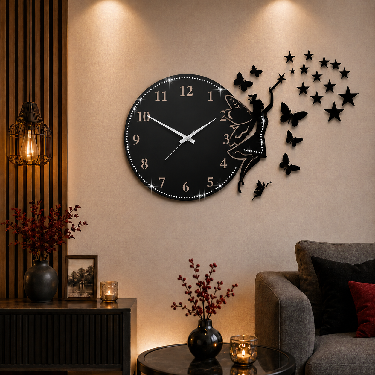 H685  ساعت دیواری فرشته و پروانه نگین دار