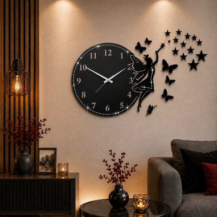 H685 ساعت دیواری فرشته و پروانه نگین دار